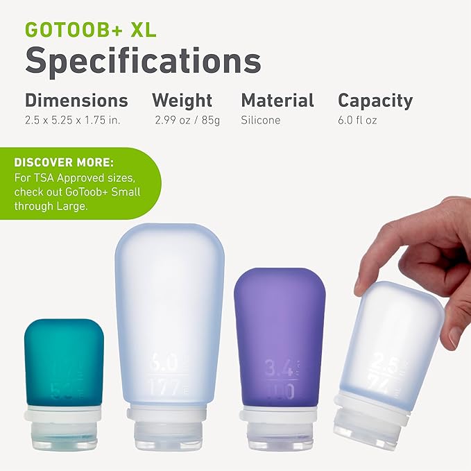 humangear GoToob+ (XL) | Refillable Silicone Travel Bottle | Locking Lid | Food-Safe Material | Clear, XL (6 fl.oz.; 177ml)