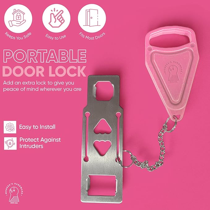 Portable Door Lock Extra Security Essential Safety & Privacy Travel Lockdown, Prevent Entry Stopper, Protect Family While Traveling Home Bedroom Hotel Apartment College (1 Pink)