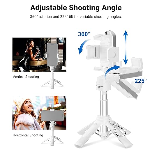 NEEWER Mini Tripod for Phone, Lightweight Foldable Small Selfie Stick Cell Phone Clamp Desk Stand with Remote & Cold Shoe Mounts Compatible with iPhone Android Samsung for Video Recording, PA986 White