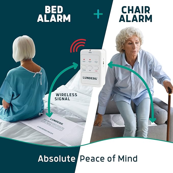Lunderg Wireless Bed & Chair Alarm Set - Alerts Caregiver Before They Get Up, No in-Room Alarm to Disturb Elderly Loved Ones, Early-Alert Bed Pad, Chair Pad & Pager, Fall Prevention for Dementia Care