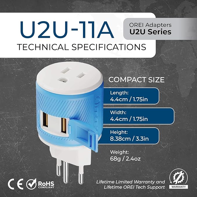 OREI Type J Adapter Switzerland – US to Switzerland Plug Adapter with 2 USB Ports – CE Certified & RoHS Compliant Switzerland Travel Plug Adapter