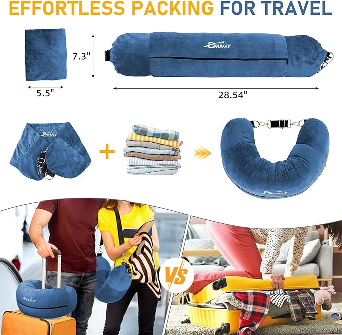 Travel Neck Pillow Stuffable with Clothes, Stuffable Neck Pillow for Travel, Packable Fillable Storage Bag for Airplane, Soft Velvet Pillow Case Cover