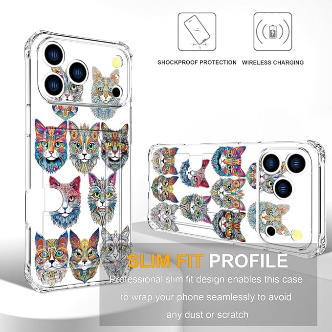 Compatible with iPhone 17 Pro Max Case Card Holder for Women Cute Design,Wallet Phone Cases Transparent Cool Kawaii Protective (Clear Tattoo Cats Animal)