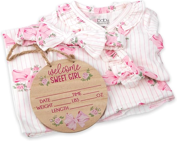Newborn Baby 4 Piece Coming Home Outfit Gift Set – Footie Sleeper, Blanket, Headband & Ornament for Boys & Girls