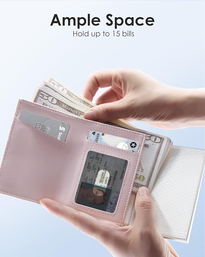 QLD RFID Wallet Women - Small Slim Trifold Wallet Anti-Theft Pop up Card Holder, Minimalist, Ultra Thin, Front Pocket, Premium Leather, 9-11 Cards Capacity | ID Window | Cash Slot
