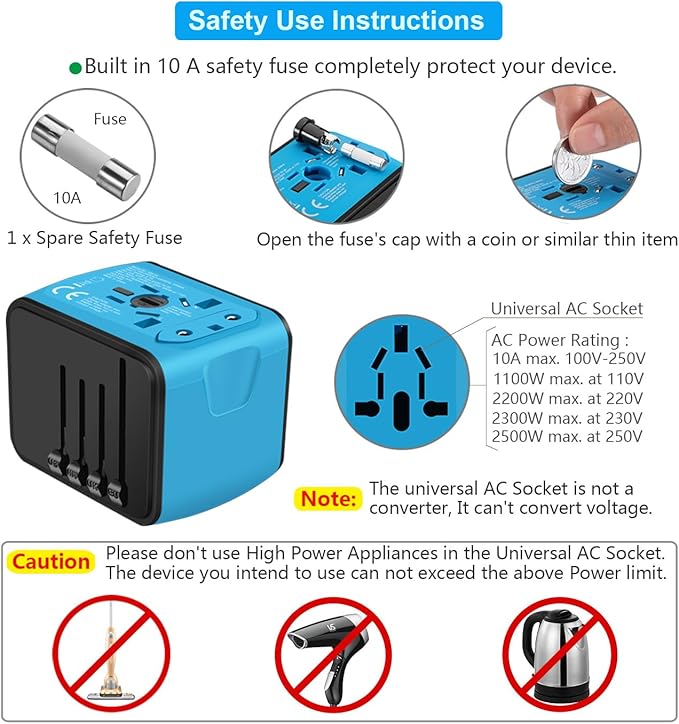 SAUNORCH Travel Adapter Worldwide, Universal International Power Plug Adapter W/2.4A 3xUSB-A and 3.0A Type-C Wall Charger, European Travel Plug Adapter for Europe UK EU US CA AU Italy Asia-Blue