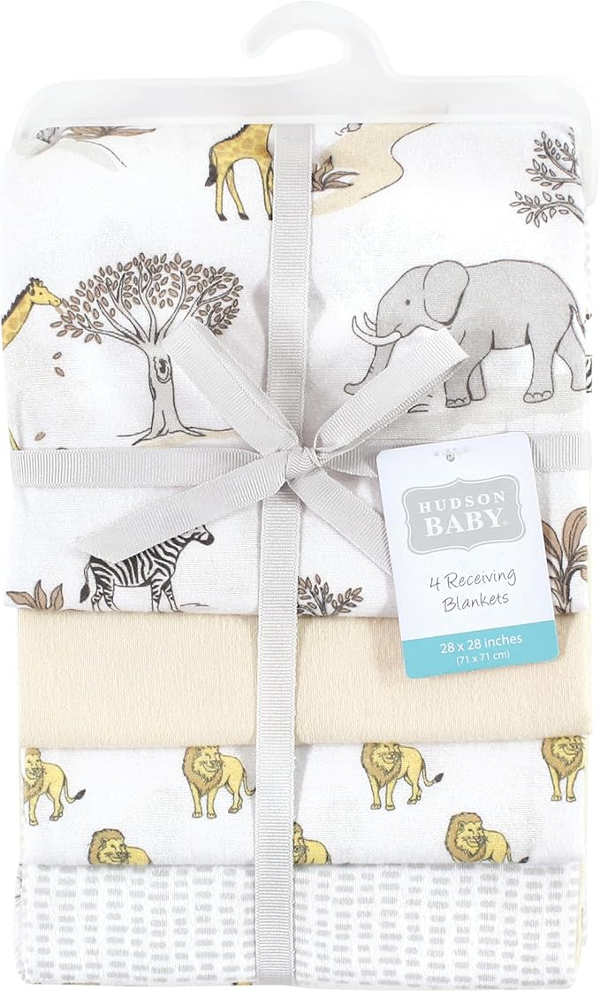 Hudson Baby Unisex Baby Cotton Flannel Receiving Blankets, Neutral Safari World, One Size