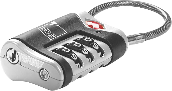Lewis N. Clark TSA Approved Luggage Lock + Steel Cable for Suitcase, Carry On, BackPack, Laptop Bag + Purse, Perfect For Airport, Hotel or Gym - Set + Reset Your Own Combo, Black