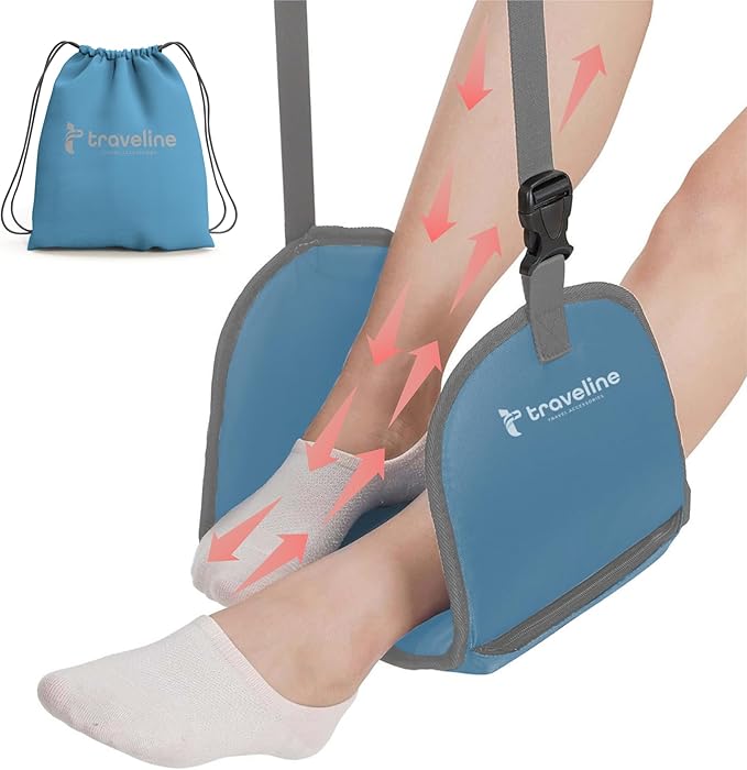 Airplane Foot Hammock – Memory Foam Travel Footrest with Rigid Base, Adjustable Strap for Long Flights & Travel Comfort (Blue)