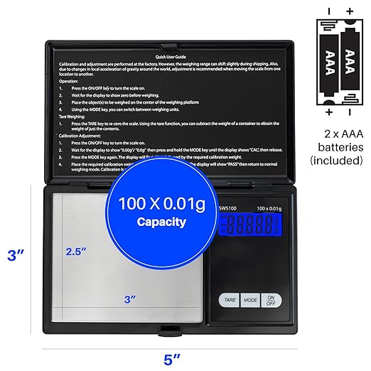 Smart Weigh SWS100 Digital Pocket Scale – 100g x 0.01g High Precision Scale for Reloading, Jewelry, Gems, and Medicine – Backlit LCD, Battery Included, Black