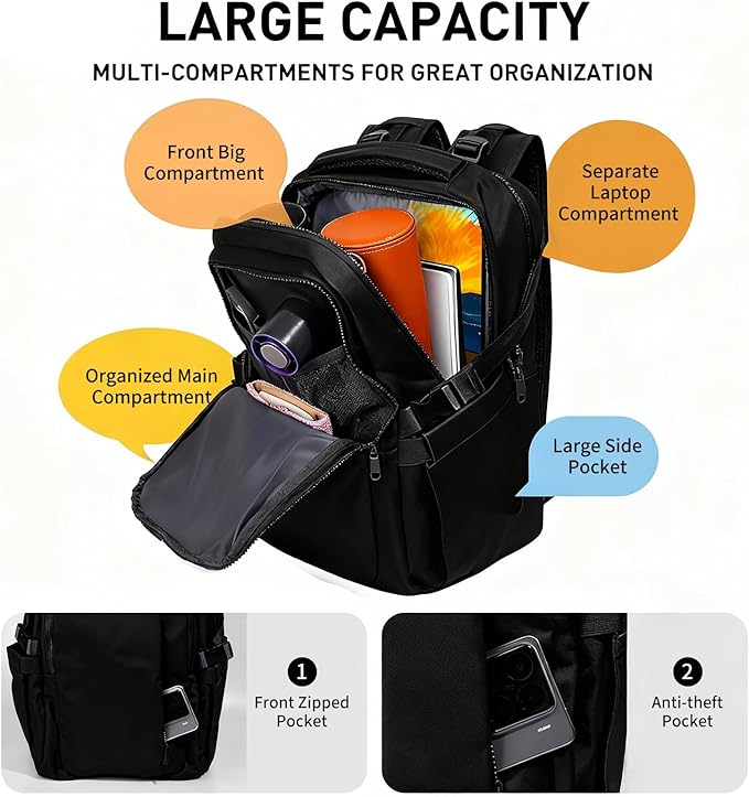 Travel Backpack for Women Men Carry on Backpack, Airline Approved Large Travel Bag Flight Approved Personal item, 15.6 Inch Laptop Backpack Casual Daypack for Weekender Business Hiking-BLACK