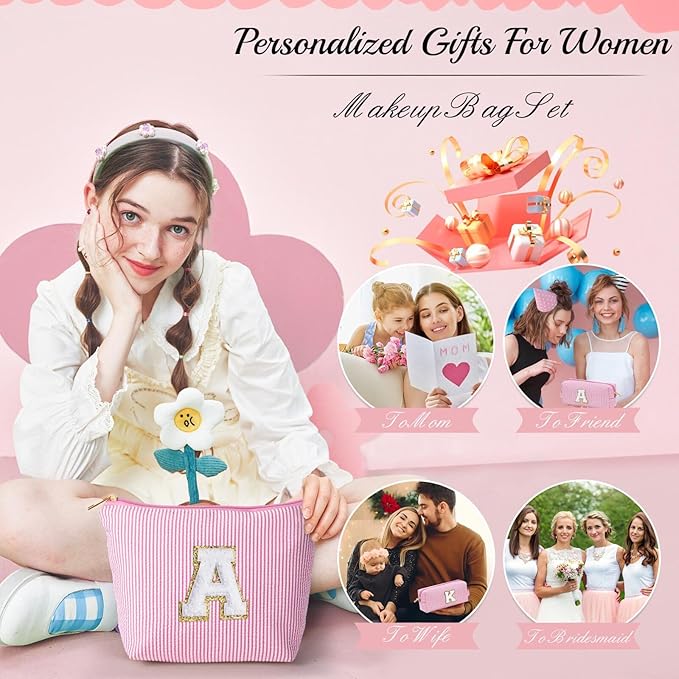 YOOLIFE Mom Birthday Gifts for Women, Personalized Monogram Makeup Bag Cosmetic Bag Travel Toiletry Bag Birthday Gifts for Women Her Bridesmaid Friend Sister Wife Girlfriend Daughter Gifts Pink I