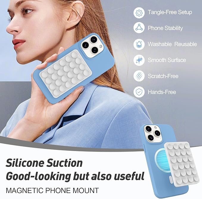 Magnetic Suction Phone Mount for MagSafe Case,Silicone Sticky Phone Grip Holder for iPhone,Removable Hands-Free Selfie/Video for TikTok & Instagram Influencer/Creator (White)