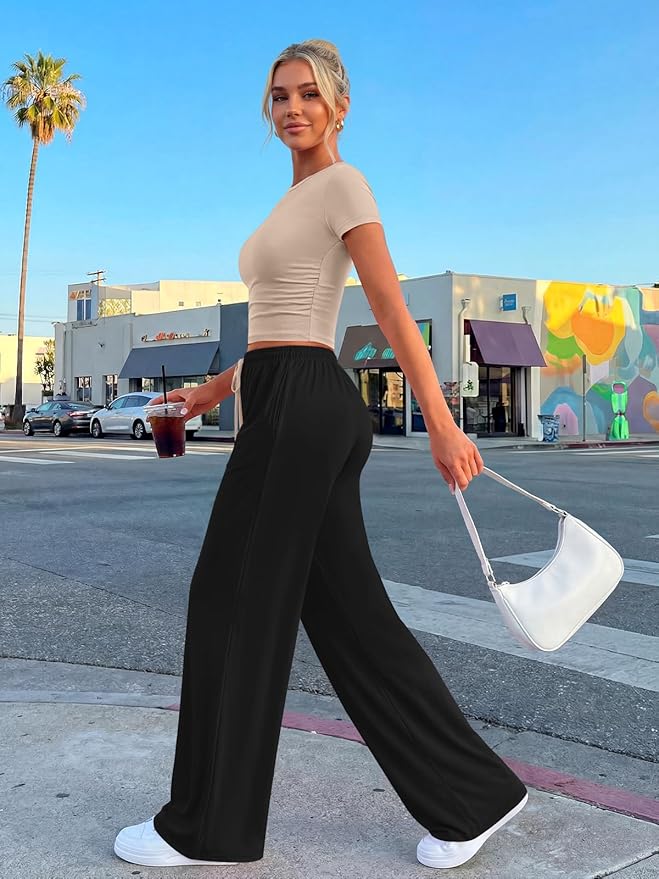 Trendy Queen 2 Piece Matching Summer Lounge Set Womens Side Ruching Top Wide Leg Pants Sets with Pockets