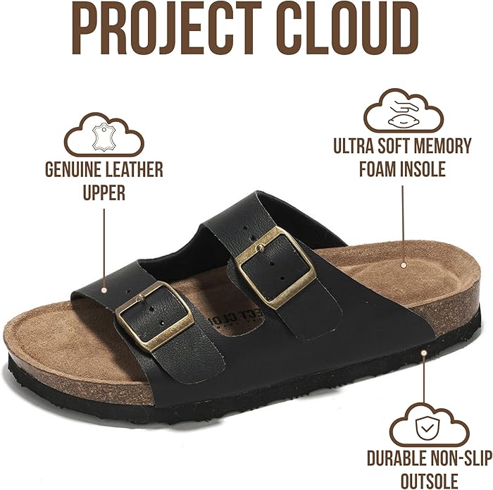 Project Cloud 100% Genuine Leather Flat Sandals For Women 2026 Cork Footbed Womens Sandals with Memory Foam and arch support Vacation Essentials Slides for Women Footwear (Venita)