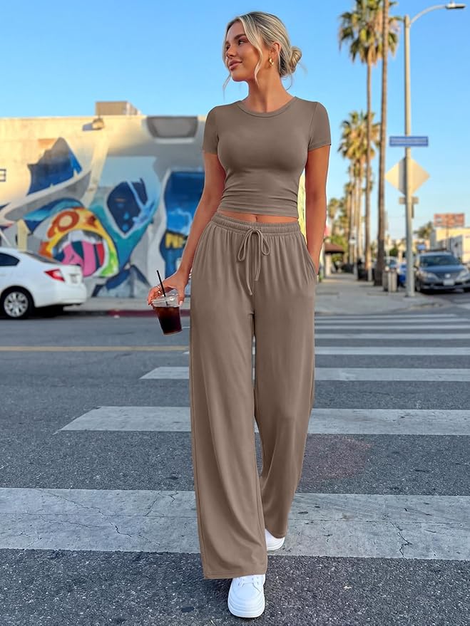 Trendy Queen 2 Piece Matching Summer Lounge Set Womens Side Ruching Top Wide Leg Pants Sets with Pockets