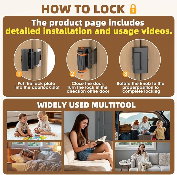 Portable Door Lock, Door Reinforcement Lock, Portable Door Lock for Travel - No Drilling, Interior Doors for Apartments, Hotels, bedrooms（Black-2PCS）