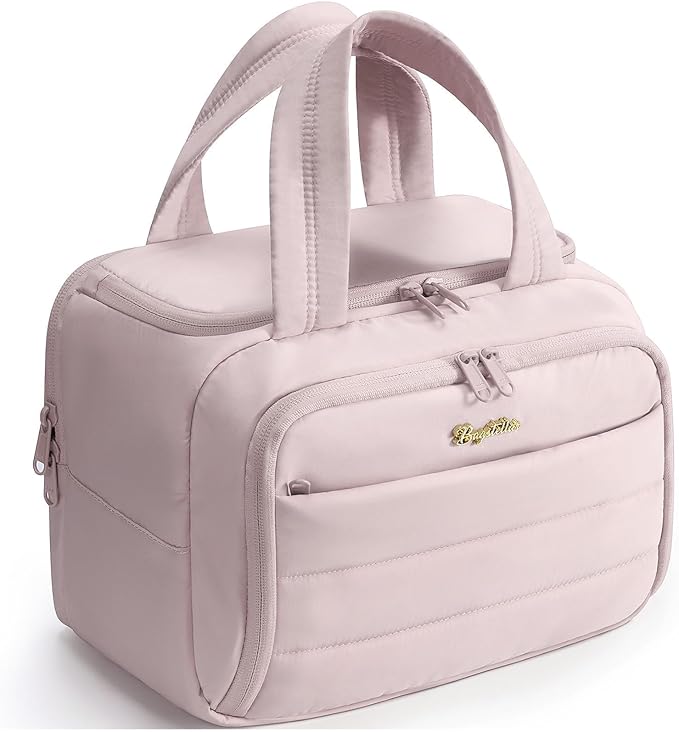 Bagstellar Travel Toiletry Bag for Women, Lightweight Large Quilted Puffy Makeup Bag Wide-open Make up Organizer Cloud Cosmetic Bag w/Handle for Traveling Toiletries Essentials Accessories Light Pink