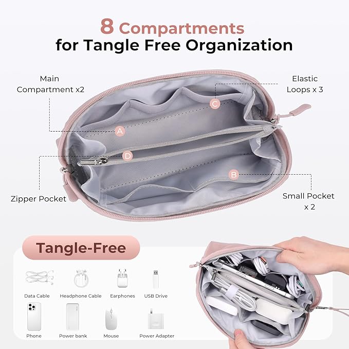 FYY Travel Cable Organizer - 8 Compartments Lightweight Water Resistant Tech Pouch with Wrist Strap, Portable Electronic Accessories Case for Cord Charger Storage for Travel Home Office Pink (Medium)