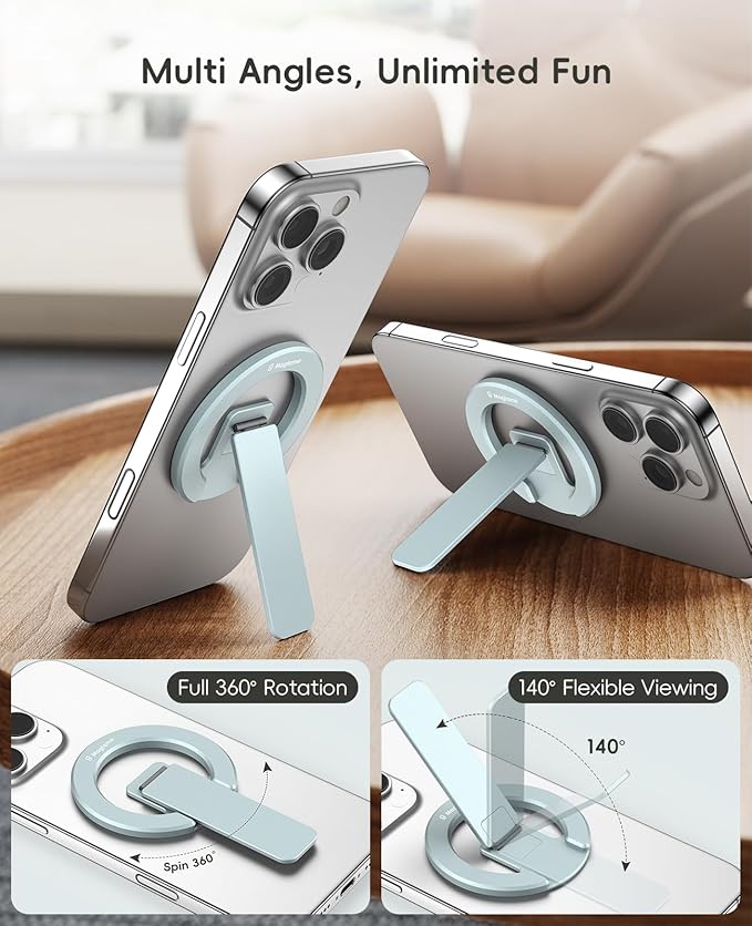 Magtame Double-Sided Magnetic Phone Stand Grip, Strong Magnetic Kickstand Desk Holder for Mag&Safe and Smartphone, Foldable Adjustable Design, Blue