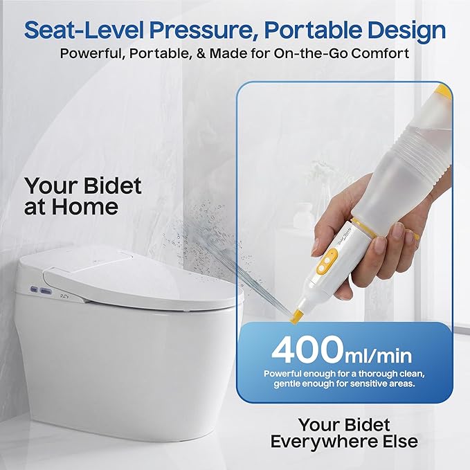 BIDET BUDDY® PureJet Portable Bidet for Travel– Self-Cleaning Retractable Nozzle, 550ml Bottle, IPX7 Waterproof, USB-C Rechargeable, High-Pressure Hygiene Device, Versatile Power Modes – Arctic White