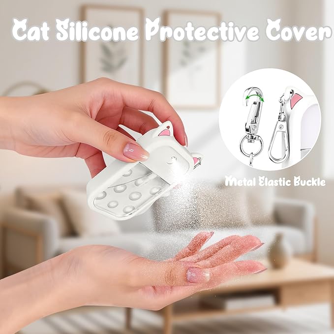 Cat Silicone Case for Touchland Hand Sanitizer Spray with Keychain&Charms,Compatible with Power Mist & Glow Mist 1 FL Oz/30ML for Touchland Case,Cute Travel Cover Sleeve Accessory (White Cat)