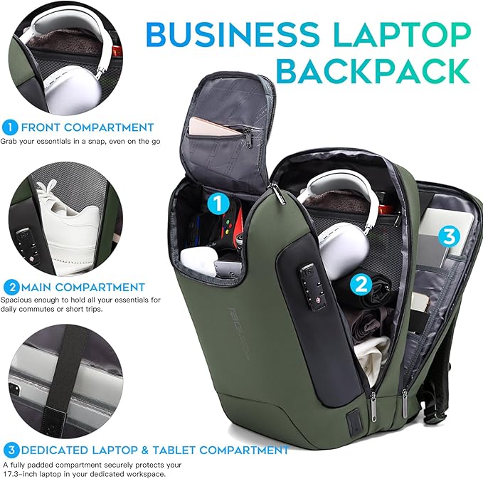 BANGE Travel Laptop Backpack, Anti-Theft Bag with USB Charging Port and TSA Lock, Waterproof Business Computer Backpack Fits 17.3 Inch Notebook
