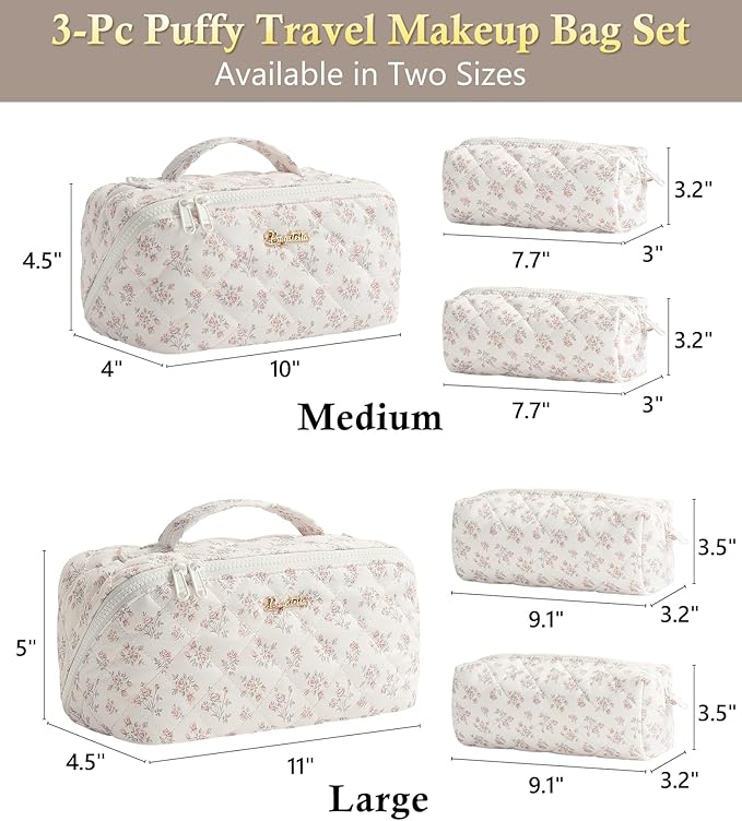 Travel Makeup Bag, 3 Pcs Large Capacity Puffy Toiletry Bag for Women, Open Flat Make up Cosmetic Organizer w/Handle & Clear Divider Water-resistant Portable Pouch Travel Essentials, M-Beige Rose