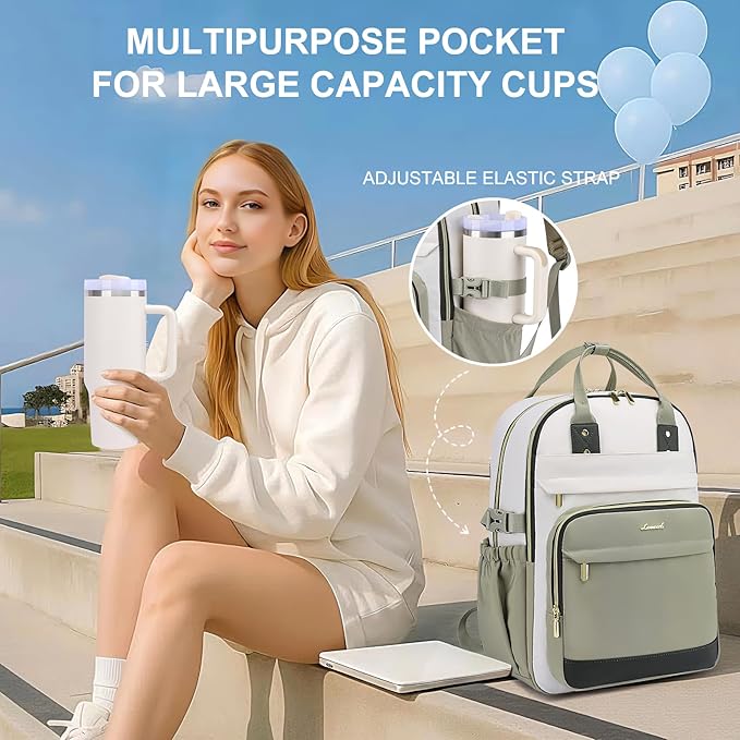 Women Laptop Backpack College Bookbag: 15.6 inch Backpacks with Pouch Pocket for Large Capacity Cup Travel Waterproof Book Bag Anti-theft Casual Work Bookbags for Teacher Nurse Beige Green