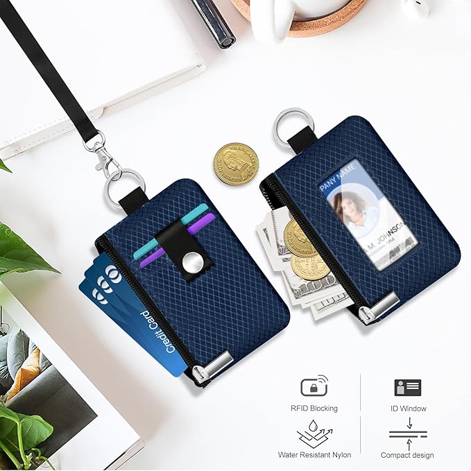 Minimalist RFID Blocking Small Wallet with ID Window,WaterResistant Zip Id Case Wallet with Lanyard Keychain for Cards,Cash,Travel,Women,Men (Dark blue)