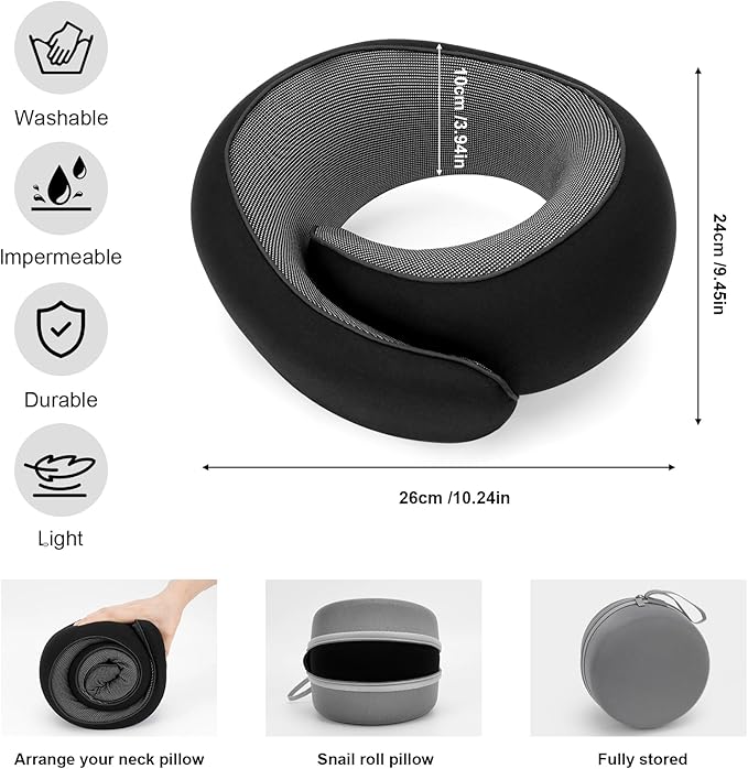 Travel Neck Pillow for Airplane - 100% Memory Foam 360° Ergonomic Support - Adjustable Velcro, Washable Velvet Cover & Compact Storage Case - Flight Essentials for Sleeping (Black)