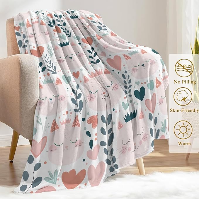 Cute Cat Faces Flannel Blanket - Cartoon Kitten Heart and Crown Throw - Lightweight Soft Cozy Gifts Blankets for Kids & Pet Lovers,Modern Home Room Bedroom Decor 60x80in