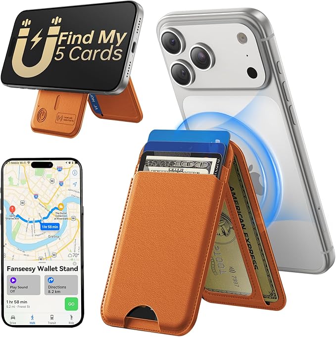 TWZKG for MagSafe Wallet, Works with Apple Find My,5 Card Holder with Stand, Magnetic Phone Wallet for iPhone 17/16/15/14/13/12 Pro Max Plus Air, RFID Blocking Vegan Leather,Brown
