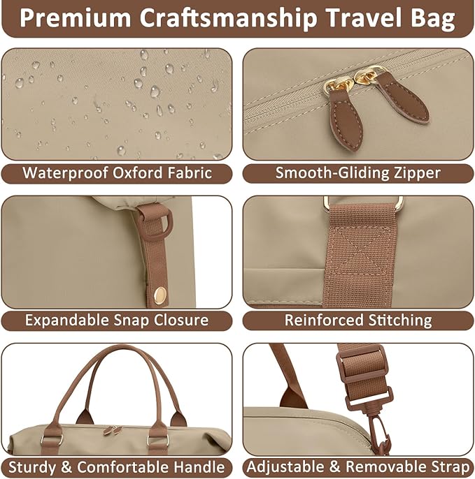 ELONGRIVER Travel Duffle Bag for Women, Weekender Bags, Hospital Bag for Labor Delivery, Lightweight Tote Duffel Overnight Bag with Luggage Sleeve, Airplane Travel Bags with Toiletry Bag, Large, Khaki