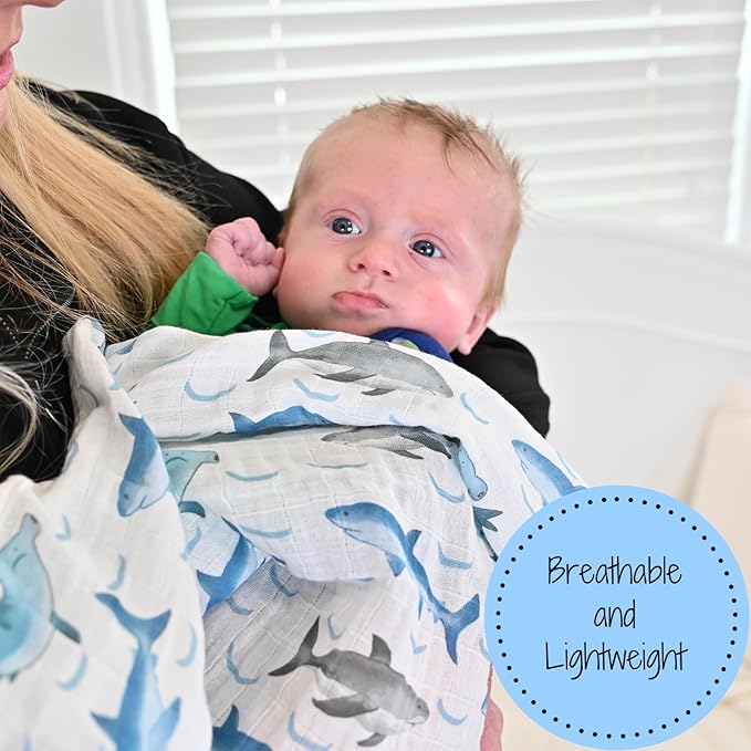 LollyBanks Baby Blanket for Boys, 100% Cotton Muslin Swaddle Blankets, 47 x 47 Inches Soft and Breathable Receiving Blankets, Cozy Newborn Swaddle, Baby Essentials, Registry (Shark Print)