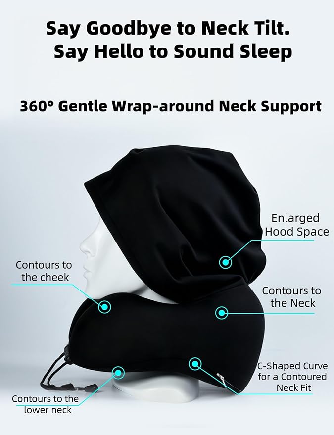 Travel Neck Pillow with Extra Large Hood Rollable Airplane Hooded Neck Pillow with Memory Foam Filling and Removable, Skin-Friendly Cover with Carrying Case & Pouch (Velvet)