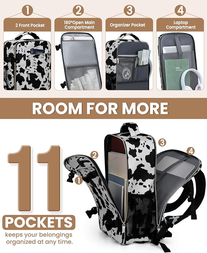 Pritent Travel Backpack for Women Man, Waterproof Personal Item Travel Bag Airline Approved Laptop Backpack Bookbag Weekender bags for Business,Travel, Work Fits 15.6 inch Laptop(Medium,Cowprint)