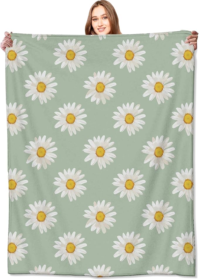 Daisy Blanket Butterfly White Floral Pattern on Mint Green Throw Blankets Gifts for Girls Women Lightweight Soft Fleece Cozy for Sofa Couch Bed Room Birthday Boho Spring Decor 60x80in