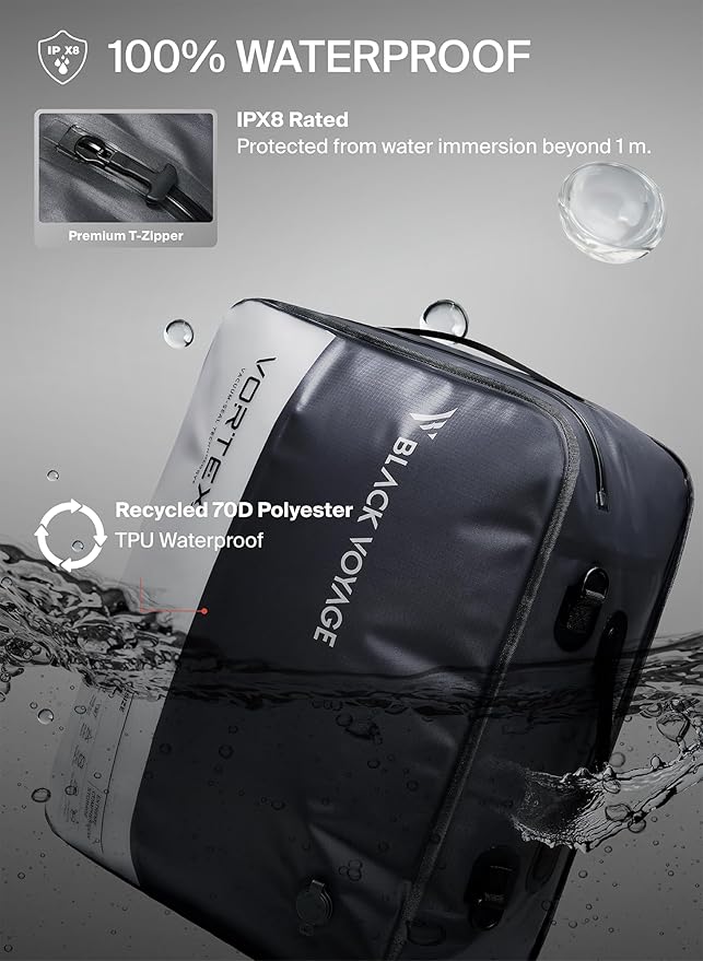 Black Voyage Reusable Vacuum Compression Travel Bag for Carry-On Suitcase and Backpack, Recycled IP67 Waterproof Space Saver Vacpack (1-Pack, 41L - No Pump)