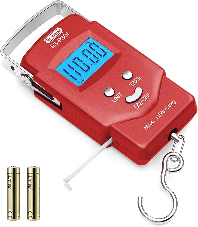 Dr.meter Fish Scale Luggage Scale Fishing Gear - 110lb Backlit LCD Display Digital Scale with Built-in Measuring Tape - Fishing Scale with 2 AAA Batteries, Pocket Size - Fishing Gifts for Men