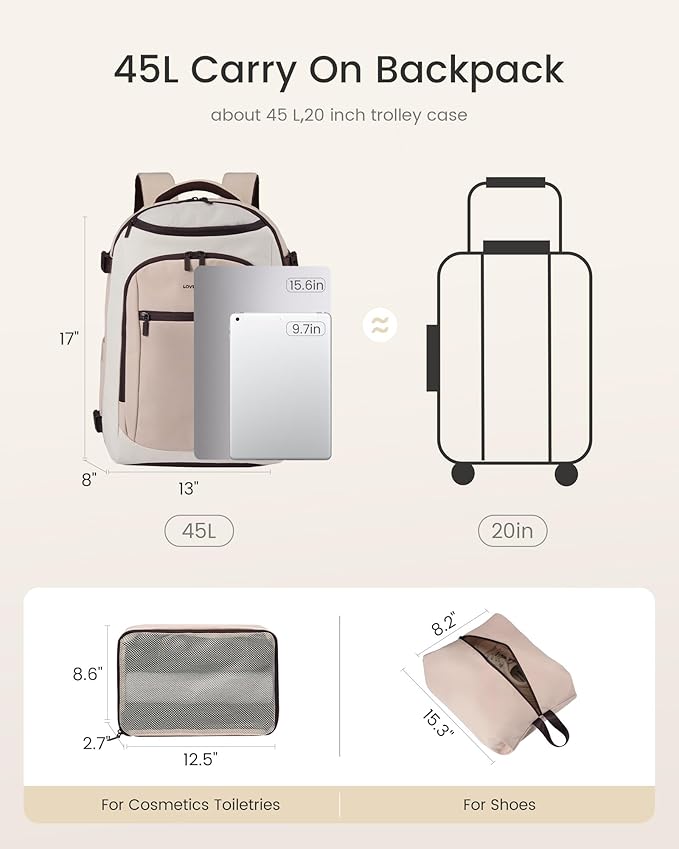 LOVEVOOK 40L Travel Backpack for Women & Men,Airline Approved Carry On Backpack with 3 Packing Cubes,TSA Waterproof Personal Item Bag,Weekender Overnight Essentials Backpacks fits 18" Laptop