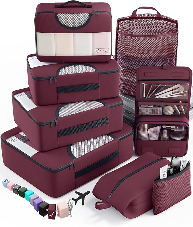 Veken 8 Set Packing Cubes for Travel Essentials, Suitcase Organizer Bags in 4 Sizes, Carry-On Luggage Accessories with Large Laundry Bag & Passport Holder, Must-Have for Airplane, Road Trip & Camping