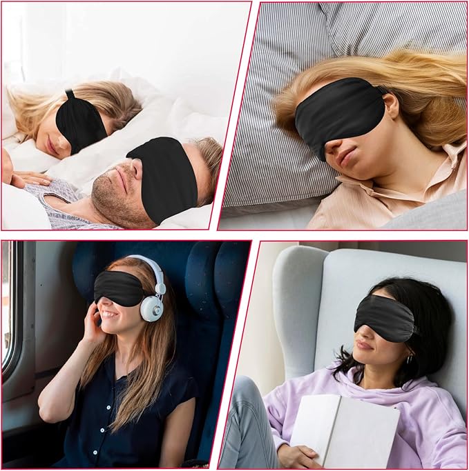 4 Pack Sleep Mask Silk Eye Mask for Sleeping, Mulberry Silk Eye Sleep Masks Shade Cover with Adjustable Strap, Satin Blindfold Blackout for Women Men, Reducing Puffy Traveling Glfts (Black)