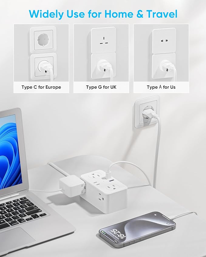 Kakyanill European Travel Plug Adapter, EU/UK/US Travel Plug Adapter Power Strip, 6 AC Outlets, 4 USB Ports (2 USB C), 3ft Wrapped Around Extension Cord, Universal Travel Adapter