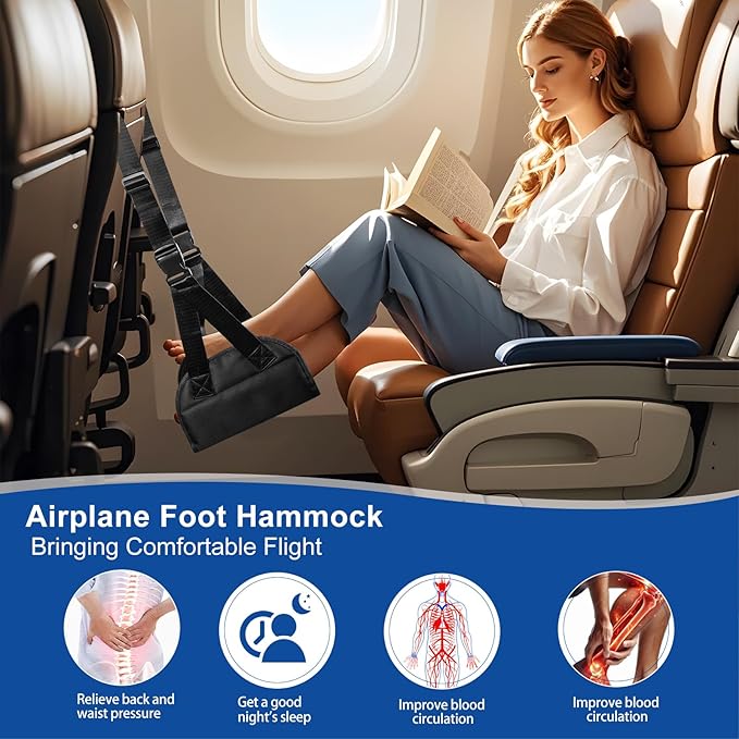 Foot Hammock for Plane Travel, Portable Foot Rest Leg Hammock for Airplane, 2 Straps with an Adjustable Length, Provides Relaxation and Comfortable for Long Flight