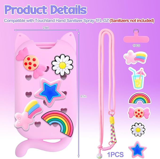 Mity rain Hand Sanitizer Spray Case Compatible With Touchland, Cute Silicone Hand Sanitizer Holder Keychain with 4 Charms, Portable Refillable Sanitizer Accessory, Gift for Women And Teens