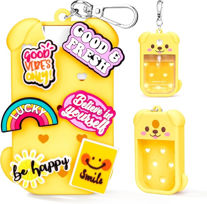 Metyond Dog Silicone Case for Touchland Hand Sanitizer Spray Power Mist 1 FL OZ/30ML for Touchland Case with Keychain, with Cute Charms Accessory Cute Travel Case (1PCS Yellow)