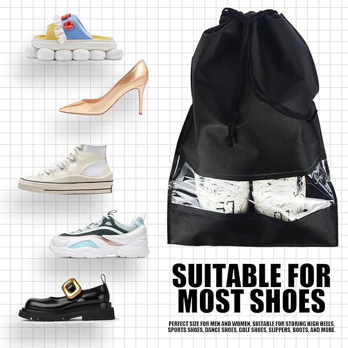 Shoe Bags for Travel,12PCS Black Travel Shoe Bags for Packing,Non-woven Shoe Bags for Storage,Shoe Bags for Travel Women & Man,Portable Shoes Organizer Pouch with Rope,Dust-proof Shoe Bag 13 x 17.32“