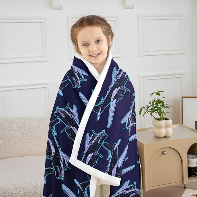 Cartoon Airplane Kids Throw Blanket with Hand-Painted Air Plane - Fuzzy, Dark Blue Fleece Blanket for Girls, Boys, and Adults - Baby Size (30 x 39 Inches)