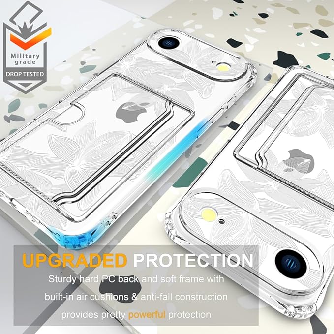 Compatible with iPhone 17 Air Case Card Holder for Women Cute Design,Wallet Phone Cases Transparent Cool Kawaii Protective (Clear Flower White)